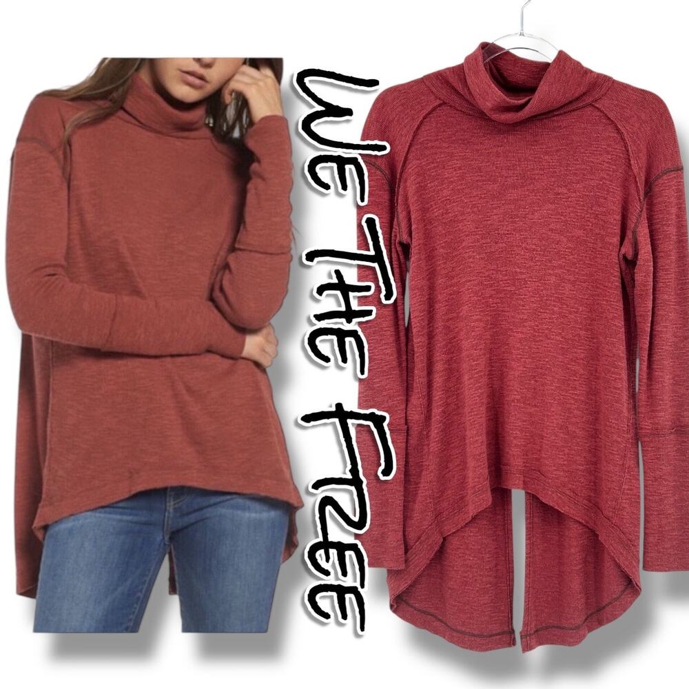 We The Free Free People Burnt Red Soft Turtleneck Tunic Top Split Back Womens XS